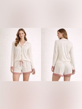 Cosabella Pajama Set Cream Pink Trim Button Top Shorts Lounge Sleepwear M